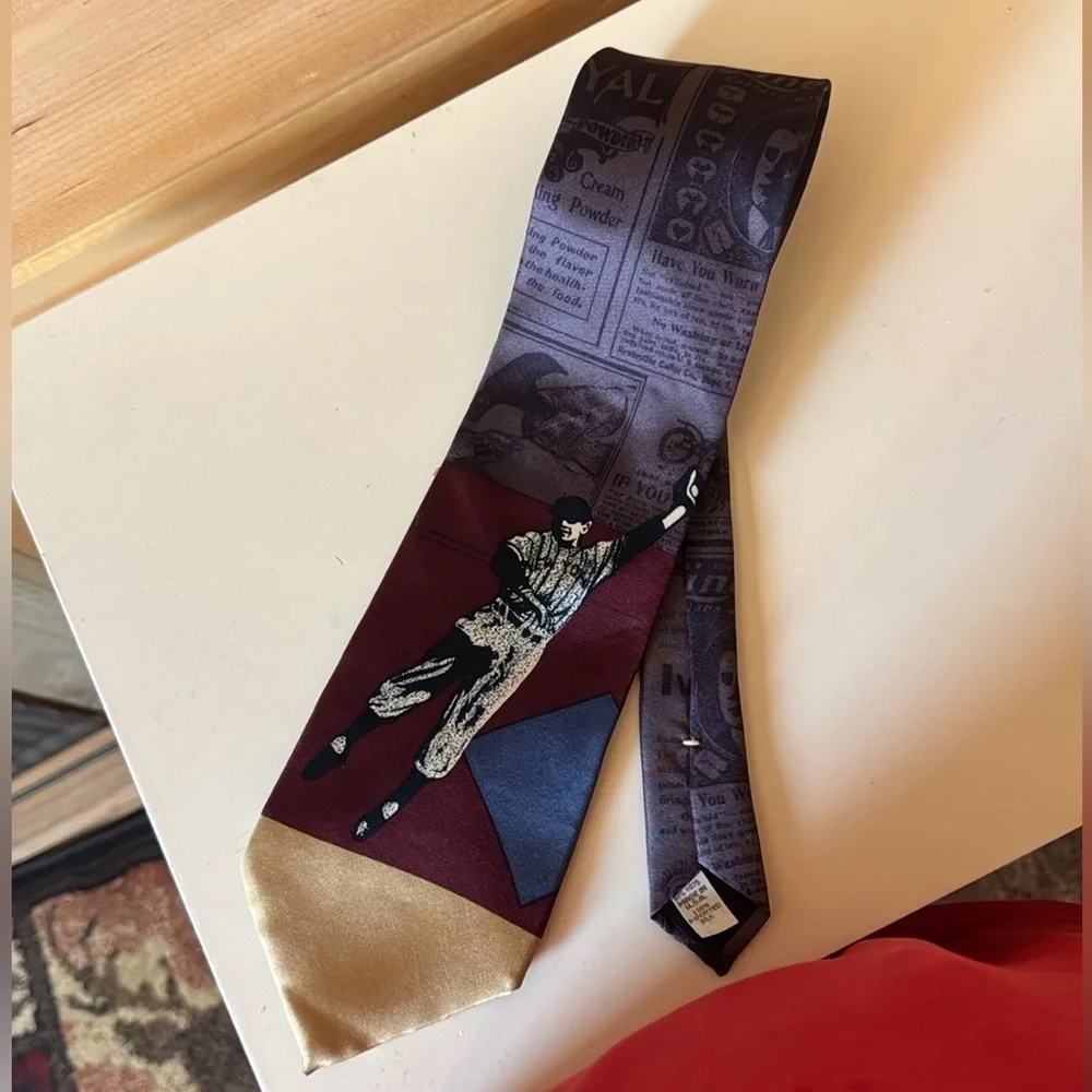 Vintage Resilio silk necktie with baseball player and old advertisements